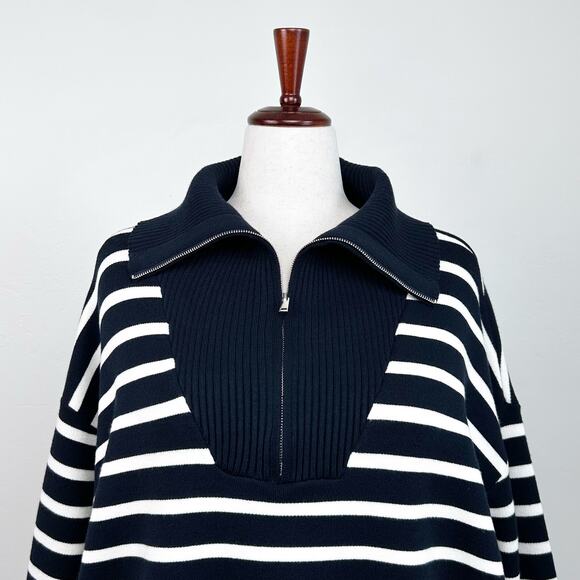 Elie Tahari Navy Stripe Zip Mock Neck Pullover Sweater - Picture 2 of 8
